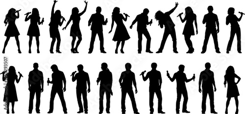 Silhouette group singers performers dancing with microphones stage music concert entertainment energy show people black isolated figures collection dynamic celebration