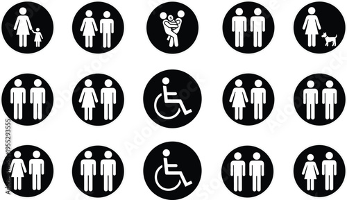 Restroom and public facility icon set with family, wheelchair access, pet area and gender symbols, black circle vector signs