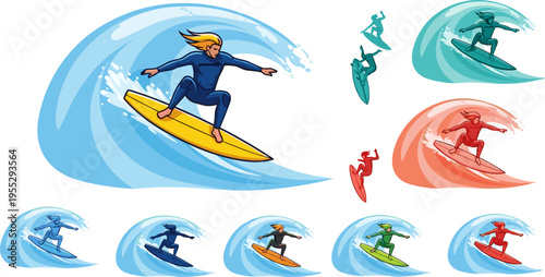 Surfing illustration collection, surfers riding big ocean waves, dynamic water motion, colorful characters, extreme sport action, modern beach lifestyle design