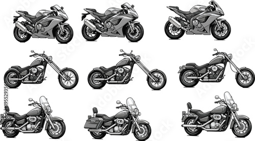 Sportbike, chopper and touring motorcycle collection set, chrome custom motorbike icons, side view transport illustration, isolated vintage vector bundle