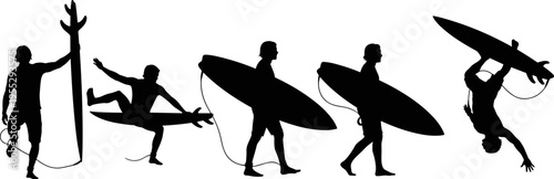 Surfing silhouettes collection, surfer carrying surfboard poses, ocean wave sport illustration, beach lifestyle activity, extreme sport design, dynamic surfer action set