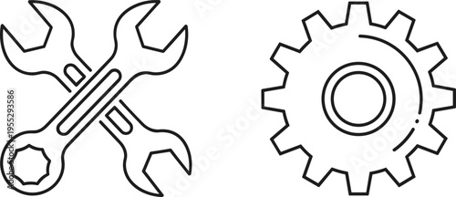 Wrench and gear line icons representing settings, maintenance, repair and engineering tools, modern outline vector symbols for technical and industrial design