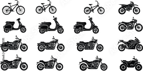 Black bicycle, scooter, motorcycle and ATV silhouette set, isolated vehicle collection, side view transport icons, vector illustration bundle