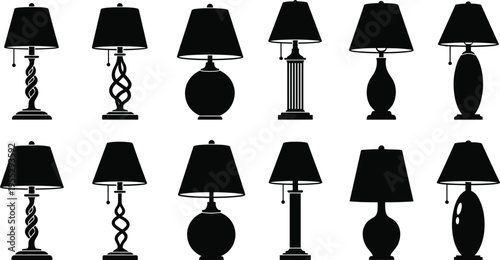 Table lamp silhouette set, classic and modern home lighting collection, decorative bedside lamp icons, isolated interior vector illustration