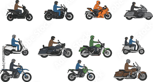 Motorcycle rider set with scooter, cruiser, sportbike and touring bikes, helmeted drivers collection, flat vector transport illustration bundle