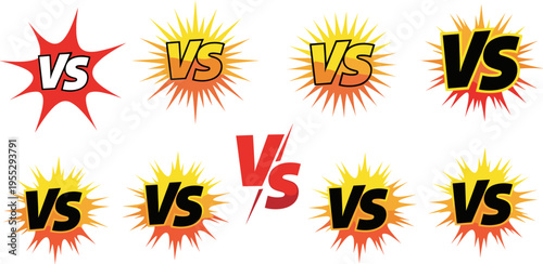VS comic battle icons collection vector illustration, versus symbol explosion badges set, competitive game fight graphic design