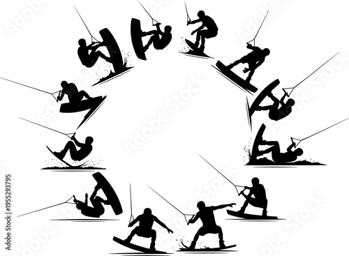 Wakeboarding silhouettes set performing tricks on water extreme sport action cable riding dynamic movement splash isolated black vector collection