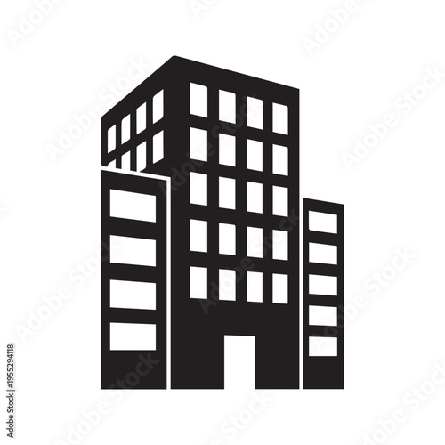 A simple black and white illustration of three modern buildings
