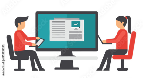 Two people collaborate remotely using laptops and a large desktop monitor