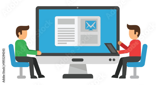 Two people collaborating remotely using a large monitor and laptops