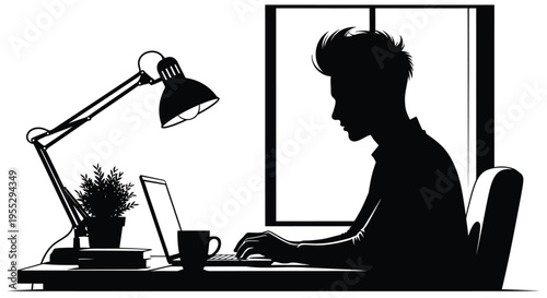 Silhouette of a man working on a laptop with a desk lamp and plant