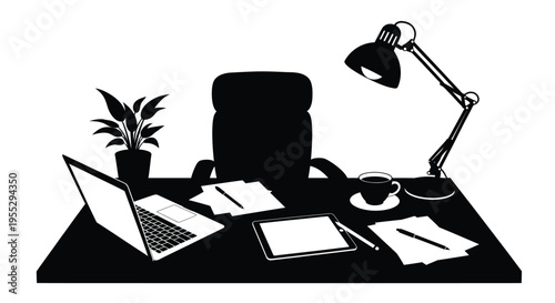 Black and white illustration of a desk with office supplies and a plant