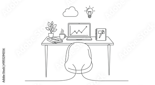 Workspace illustration with laptop plant and office supplies in a minimalist style
