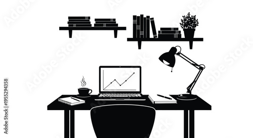 A minimalist workspace featuring a laptop books and a desk lamp on a white background