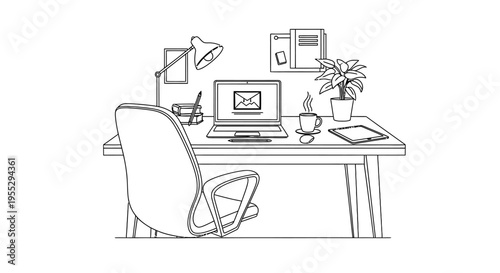 Minimalist workspace featuring a laptop desk lamp and office supplies