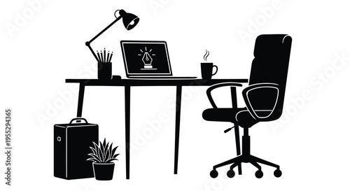 A black silhouette depicts a freelance workspace with a desk laptop and chair