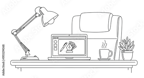 Minimalist line drawing of a desk with laptop lamp and office accessories