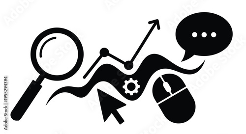 Data analysis and communication icons magnifying glass graph chat and computer tools