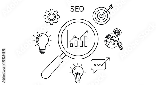 SEO concept with icons representing optimization growth and global reach