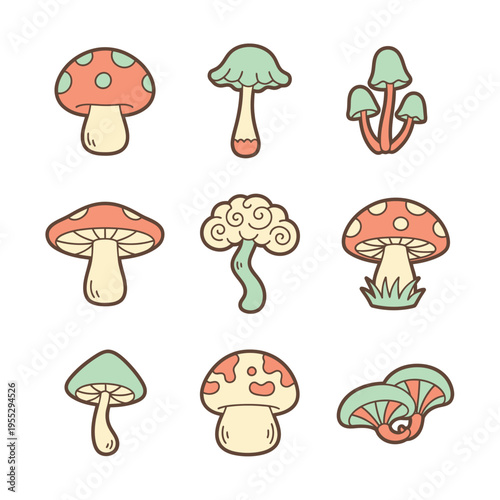 Collection of Cute Cartoon Mushrooms in Various Shapes.