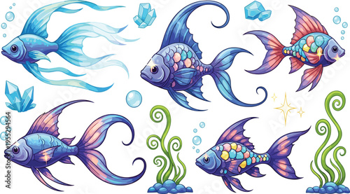Colorful Fantasy Aquarium Fish Set with Decorative Ornamental Fish Sea Plants Bubbles and Crystals Magical Underwater Vector Illustration Collection
