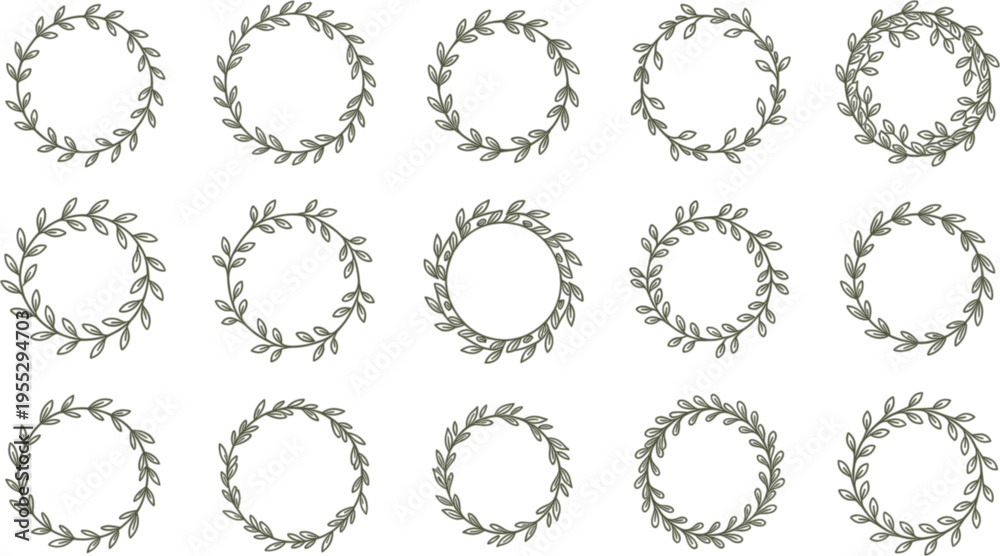 Obraz premium Hand Drawn Laurel Wreath Collection with Leaf Circles Minimal Botanical Frames Elegant Decorative Vector Illustration Set