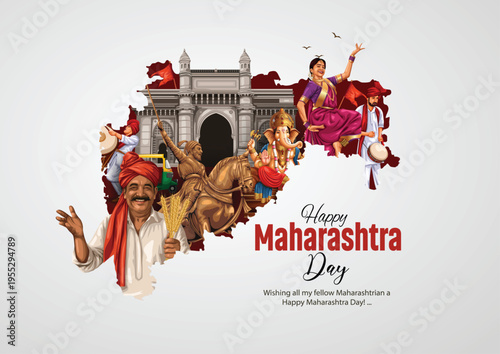 happy Maharashtra Day with Maharashtra map vector and Shivaji Maharaj. abstract vector illustration day