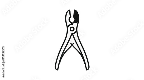 Black and white line art icon of a pair of pliers, a versatile hand tool for gripping, bending, and cutting. Features serrated jaws and a pivot.