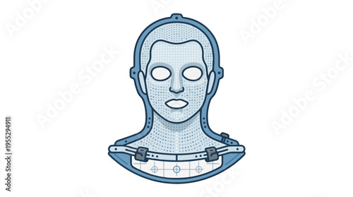 A stylized blue and white illustration of a human head and upper chest, resembling a mask or dummy, with a fine grid pattern. Features include empty eyes, nose, and mouth on a white backgrou