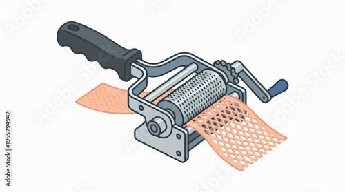 A mesh maker tool with a crank and handle, creating a net-like pattern from a sheet of material.