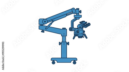 A blue medical microscope with an articulated arm and a wheeled base is shown against a white background.