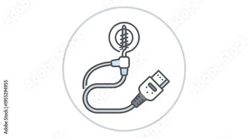 Icon of an auditory implant, showing a cochlear implant device with an attached cable and a USB connector.