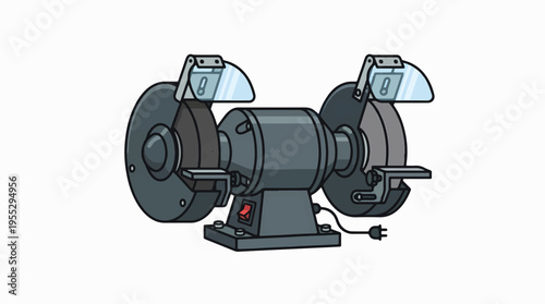 A cartoon illustration of a grey bench grinder with two grinding wheels, clear safety shields, work rests, a red on/off switch, and a power cord.