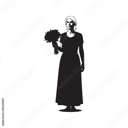 A woman in a long dress holding a bouquet of flowers