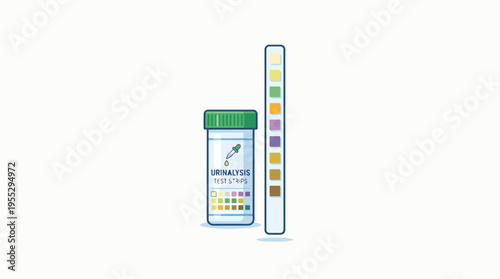 An illustration of a urinalysis test strips container with a green lid and a single urine dipstick showing various colored squares, used for medical diagnostics.