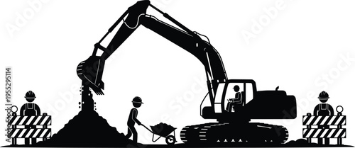 Construction workers and laborers silhouettes digging with shovels and wheelbarrow for building site project cad drawing flat vector illustration set