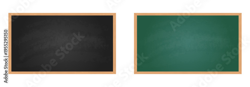 set Realistic black chalkboard with wooden frame isolated on white background. Blank school chalkboard for class or restaurant menu