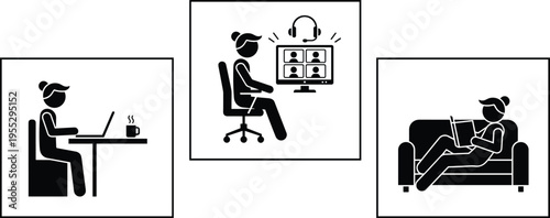 Remote work and online learning icon set showing woman using laptop video conference and reading on sofa modern lifestyle illustration