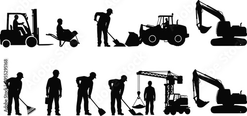 Construction site with tower crane and workers building high rise steel structure cad drawing flat vector illustration for industrial engineering