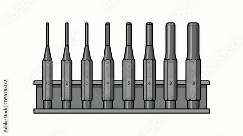 A set of seven metal punches, varying in size, are neatly arranged in a gray holder. Numbers indicate their sizes.