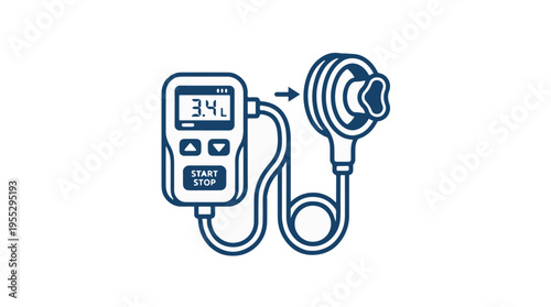 A digital device connected by a hose to a suction device with a grip. The digital display shows 3.4L and has START/STOP buttons.