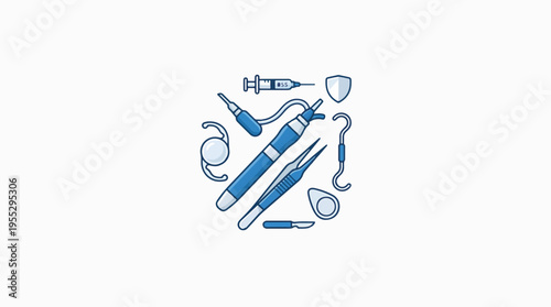 Medical icons arranged in a circle. Includes surgical tools, a syringe, an intraocular lens, and a shield.