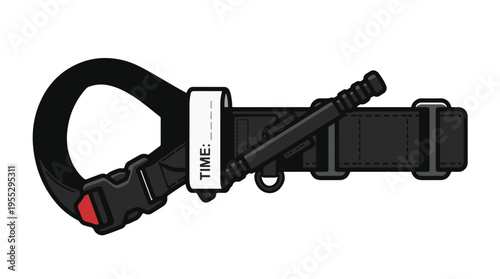 A black tactical tourniquet with a windlass for tightening, a buckle, and a white label for writing the time.