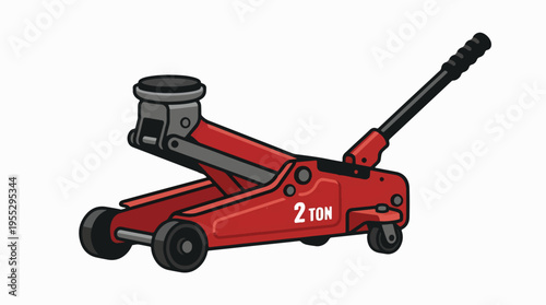 Red 2-ton hydraulic floor jack with wheels and handle, used for lifting vehicles.