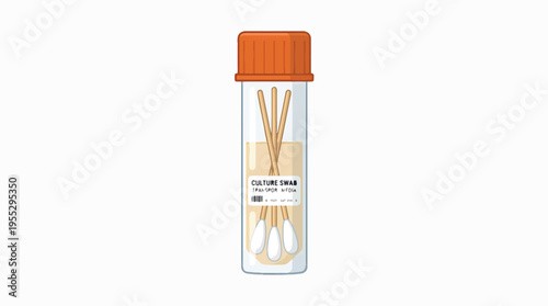 A sterile culture swab in a transport media tube with an orange cap. The label indicates CULTURE SWAB TRANSPORT MEDIA.