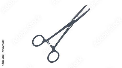 A stylized, dark gray illustration of surgical forceps, also known as hemostats, with serrated jaws and finger loops, against a white background.
