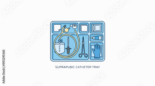 A stylized, top-down illustration of a suprapubic catheter tray, featuring medical instruments, a collection bag, and gloves, arranged in compartments on a blue tray.