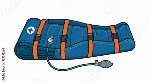 A blue inflatable medical splint with orange straps and a manual pump with a gauge.