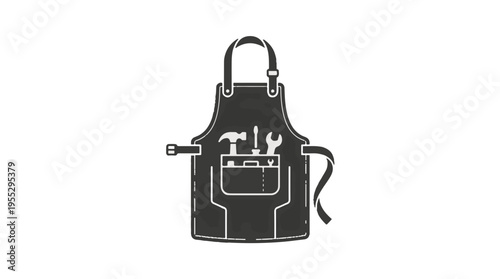 A black silhouette of a carpenter's apron filled with tools like a hammer, screwdriver, and pliers. It has a pocket and straps.