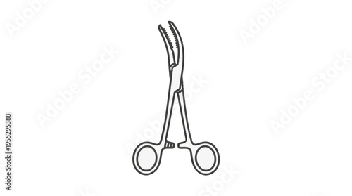 A line drawing of a curved hemostatic clamp, also known as a hemostat, with serrated jaws and finger rings.